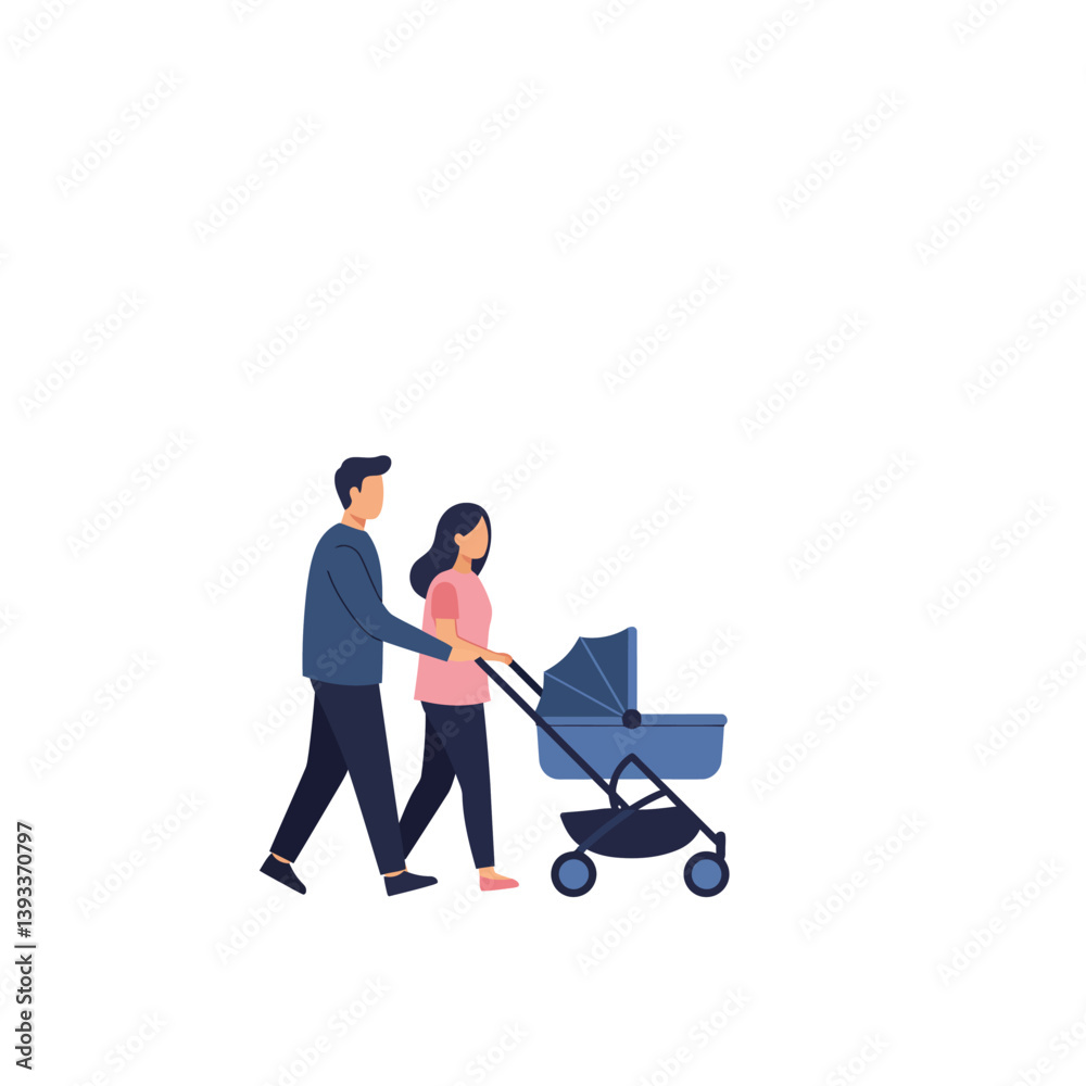 Couple walking together with baby stroller in flat vector art style vector illustration Couple walking together with baby stroller in flat vector art style vector illustration