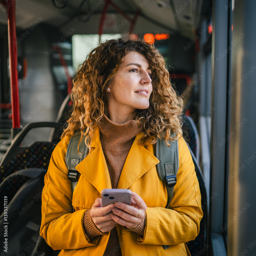 young adult woman enjoy while use mobile phone and riding a bus