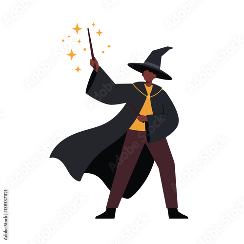 Wizard casting magic spell in flat and colorful style vector illustration