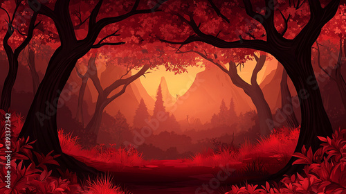 Vibrant autumn forest scene at sunset with red foliage framing a mountain backdrop, evoking tranquility