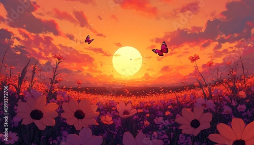 Beautiful sunset over a field of wildflowers with butterflies flying
