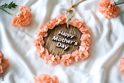 A "Happy Mother's Day" message on a rustic wooden tag, encircled by soft coral carnations on a stark white fabric.