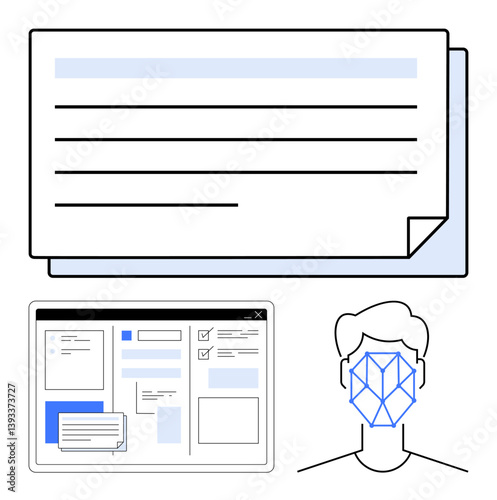 Digital documents, user interface window, and facial recognition graphics. Ideal for online security, identity verification, technology, workflow, automation, digital transformation data privacy