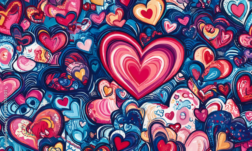 Naklejka premium Colorful cartoon heart background. Red and pink hearts Valentine's Day. Love and romance.