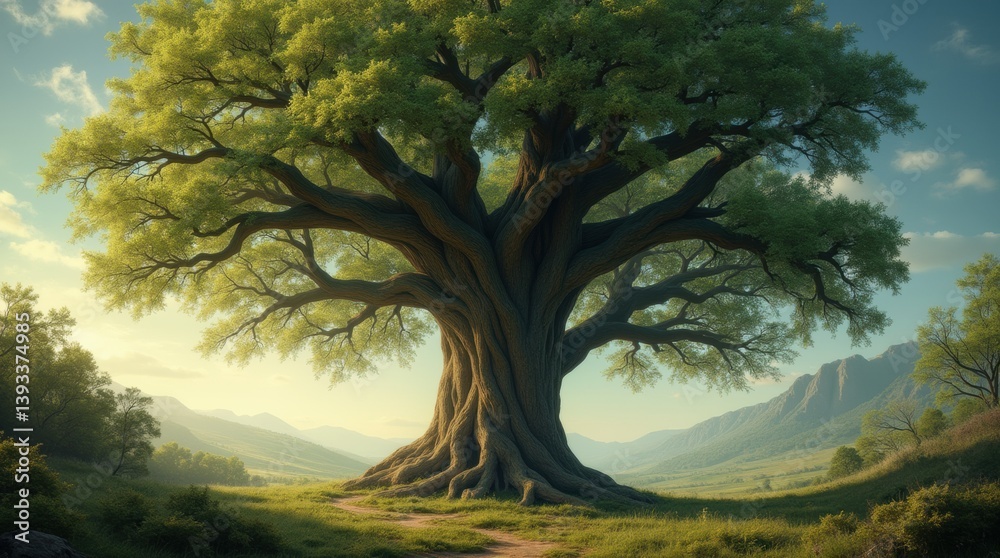 Naklejka premium A serene photograph of a majestic Tree of Life in a natural setting, showcasing its grandeur and the beauty of nature, embodying peace and tranquility.