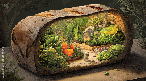 A miniature vegetable garden is grown inside a handcrafted, hollowed-out loaf of bread, viewable through a window-like opening in the crust.  