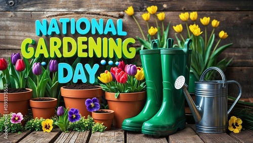 National Gardening Day Celebration: Colorful Flower Pots with Tulips & Pansies, Green Gardening Boots, and Metallic Watering Can on a Rustic Wooden