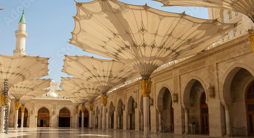 vintage beautiful Islamic building, Big umbrella structure of al masjid al Nabawi from the holy land and the structure of Madinah