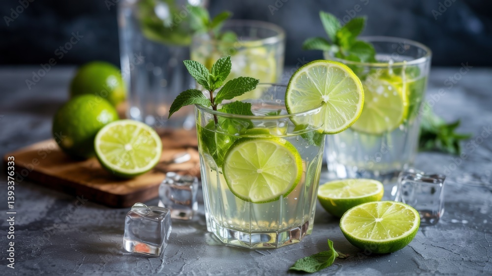 Refreshing, sparkling citrus non-alcoholic cocktail. Garnished with fresh lime slices and mint leaves. Refreshing, sparkling citrus non-alcoholic cocktail. Garnished with fresh lime slices and mint leaves.
