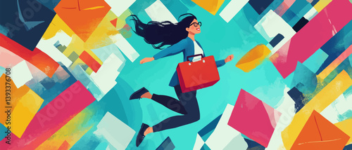 Contemporary poster trend art collage of happy girl workaholic run briefcase task workload to do sticker business occupation checkmark