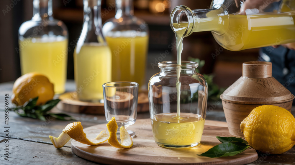 A bottle filled with golden limoncello, which is used for cooking Italian cuisine. There are fresh lemons nearby. A bottle filled with golden limoncello, which is used for cooking Italian cuisine. There are fresh lemons nearby.