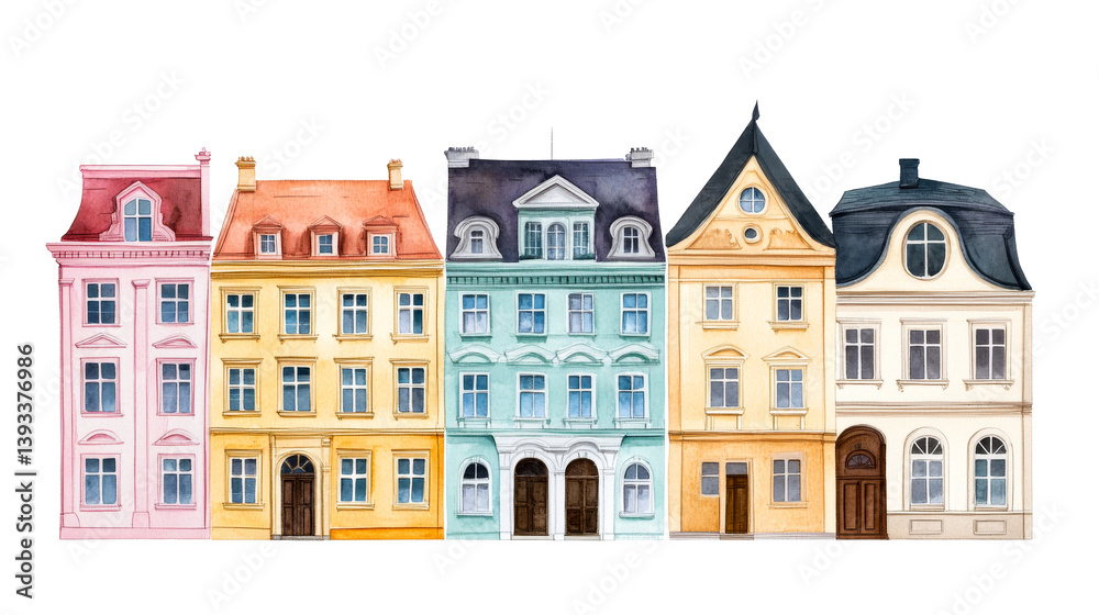 Fototapeta premium Row of colorful European houses with different architecture, cut out transparent