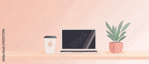 Cozy Workspace: Coffee Cup with Latte Art Beside Laptop on Minimalist Desk for Productive Workday