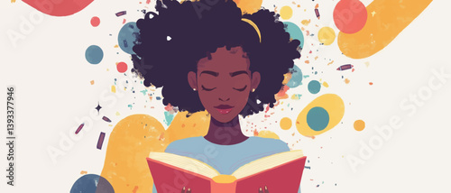 Dark skinned girl reading book imagination concept . Dream coming to life from literature. Adventure and discovery story, World book day poster