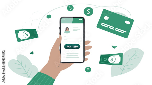 Mobile Payment Illustration With Hand Holding Phone Credit Card And Money
