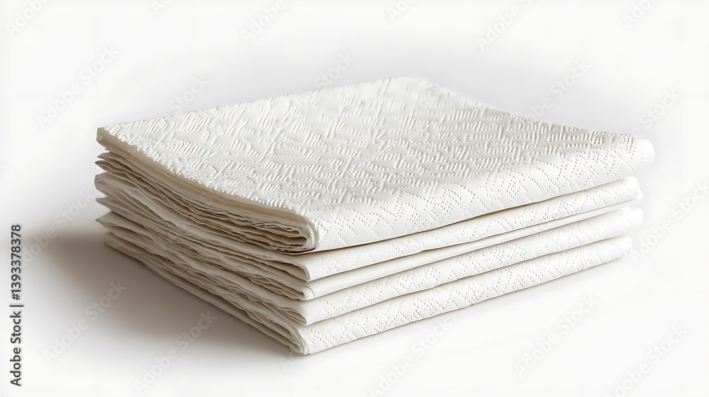 A folded stack of white disposable paper napkins with embossed patterns, ultra-HD, isolated on solid white background. A folded stack of white disposable paper napkins with embossed patterns, ultra-HD, isolated on solid white background.