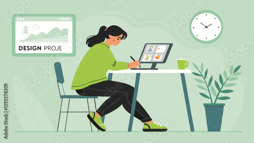 Woman Working On Design Project With Graphic Tablet At Minimalist Workspace