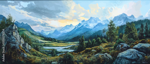 Painting of a mountain range with a cloudy sky. The mountains are covered in snow