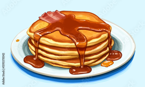 Delicious Bacon and Pancakes with Maple Syrup Drizzle on Plate