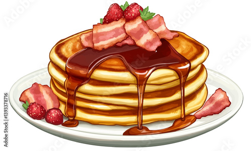 Delicious Bacon and Pancakes with Maple Syrup Drizzle on Plate