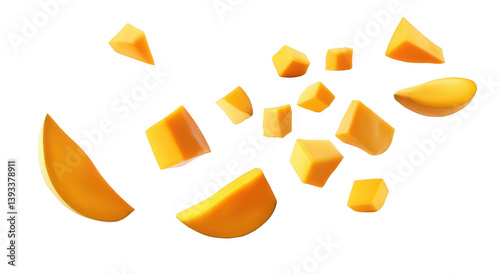 Falling mango slices and cubes isolated on a white background, png