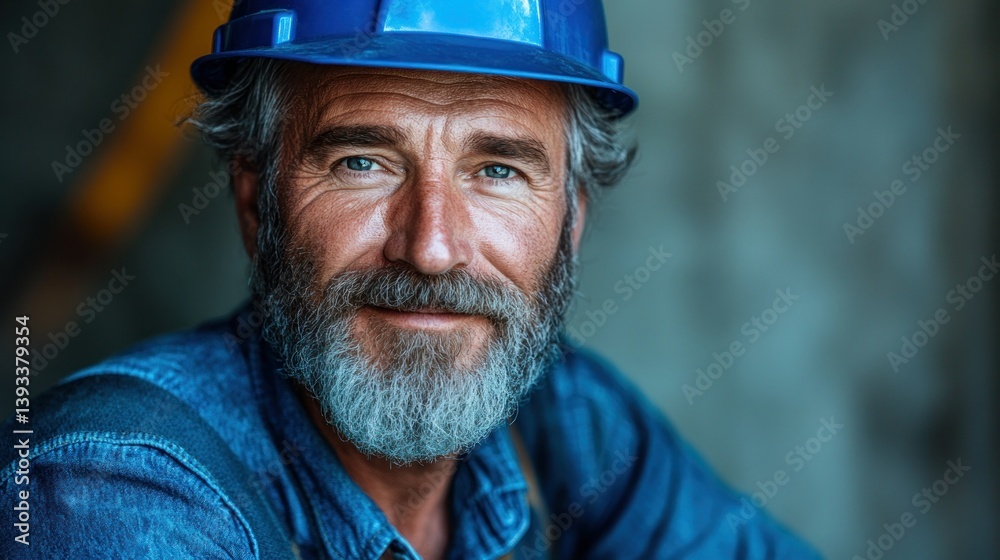 Portrait of an older worker with beard in hardhat smiling gently Portrait of an older worker with beard in hardhat smiling gently