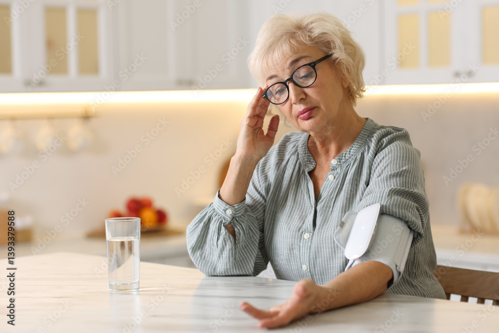 Senior woman measuring blood pressure at table in kitchen. Space for text Senior woman measuring blood pressure at table in kitchen. Space for text
