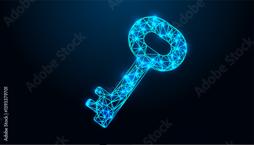 Low Poly Key Design. Security key symbol key design with neon style lighting design.