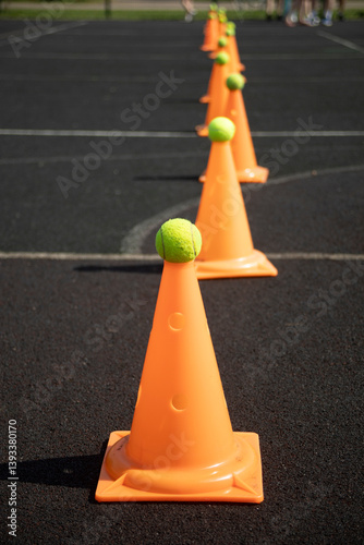 Obraz na płótnie Sports ground. Playground equipment. Orange cone. w salonie