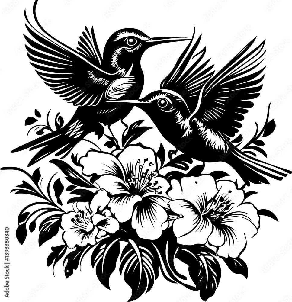 Obraz premium Hummingbird, bird, vector, dove, illustration, tattoo, animal, pigeon, eagle, silhouette, fly, flying, wing, art, peace, nature, symbol, design, birds, feather, wings, freedom, black, sign, drawing, f
