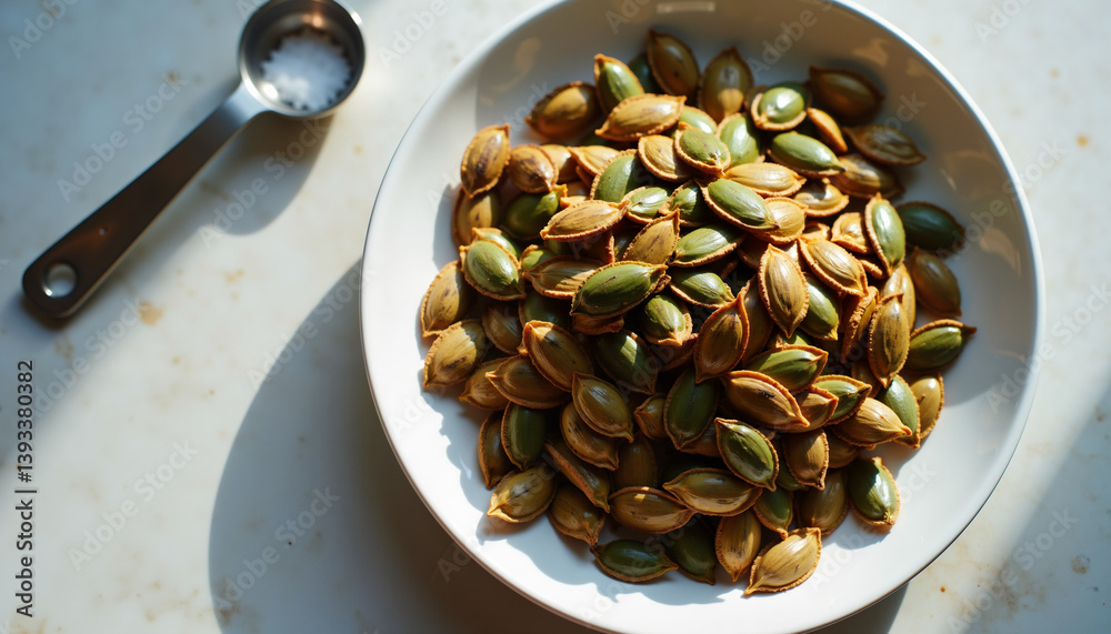 Fototapeta premium Roasted pumpkin seeds in a bowl against a marble background 