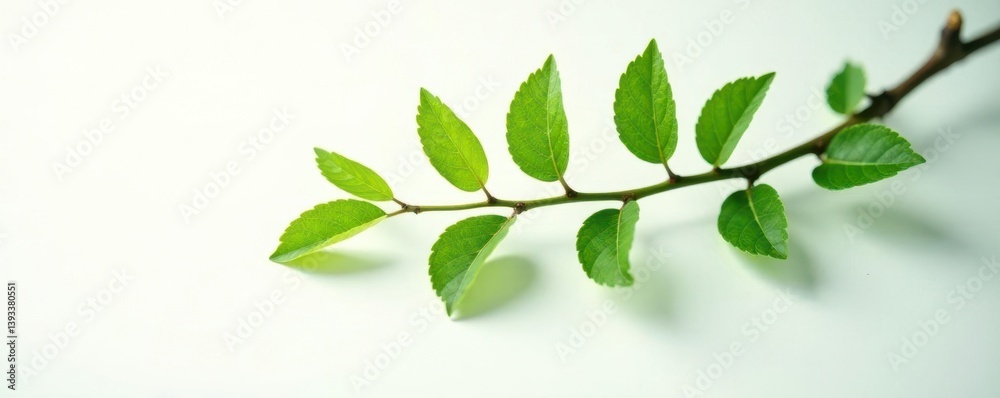 Fototapeta premium Single isolated branch on white background with subtle light source, nature, texture, foliage