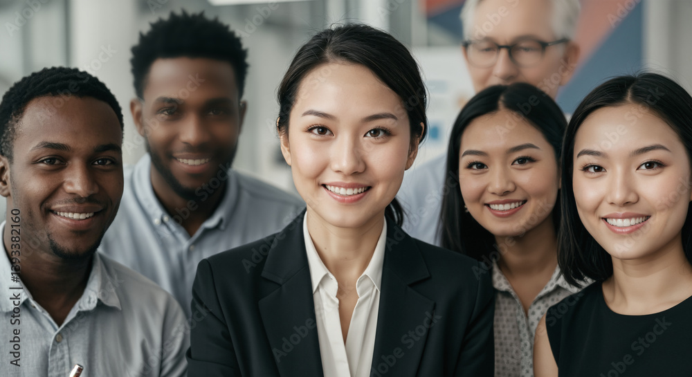 A group of professional coworkers of different ethnicities smiling confidently in a modern office environment, portraying the spirit of teamwork, collaboration, and camaraderie A group of professional coworkers of different ethnicities smiling confidently in a modern office environment, portraying the spirit of teamwork, collaboration, and camaraderie