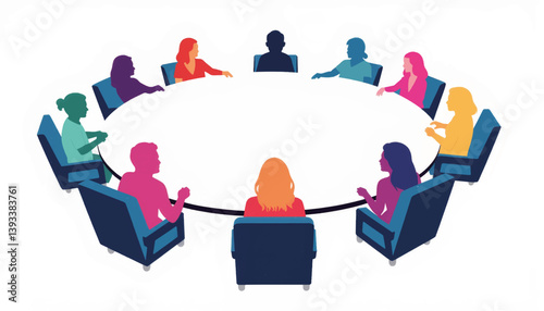 Group discussion around circular table, abstract collaboration