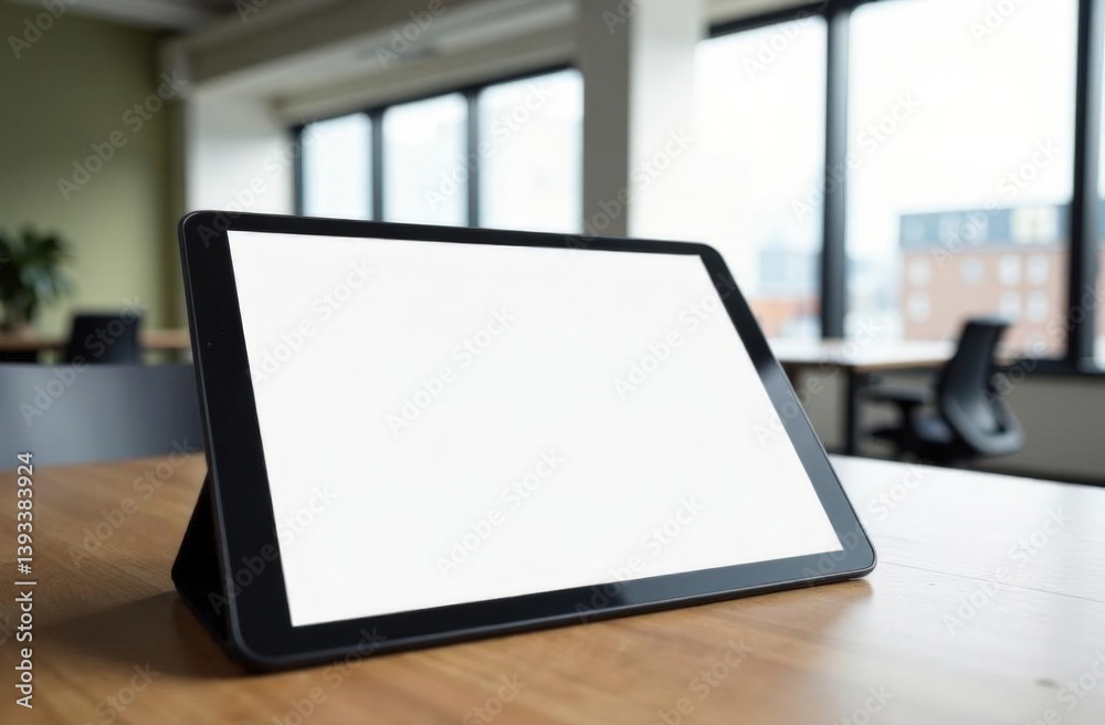 Blank tablet on office desk with large windows and urban view Blank tablet on office desk with large windows and urban view