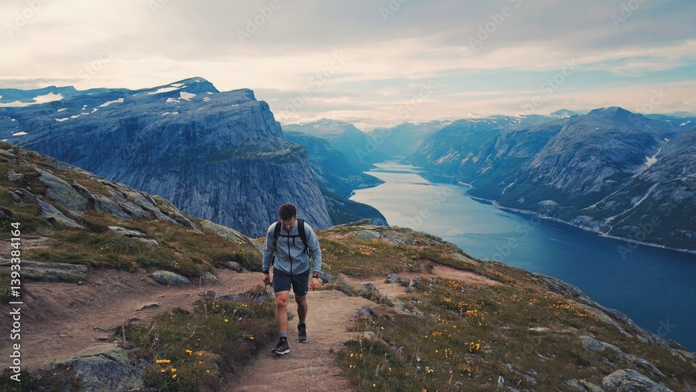 Fototapeta premium A person climbing a challenging mountain path with a serene lake visible in the distance