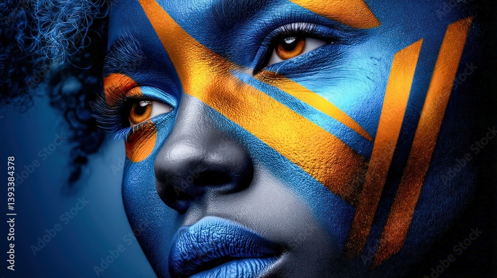 Dramatic portrait with intricate blue and gold face paint, showcasing a modern makeup style.
