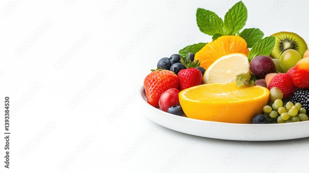 A vibrant assortment of fresh fruits arranged on a white plate, featuring sliced oranges, strawberries, grapes, kiwi, and blueberries, with green mint leaves for garnish, and bright and healthy