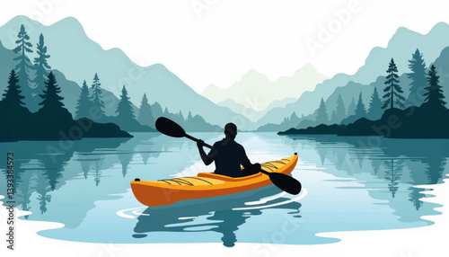 Kayaker paddling on serene river amidst mountains, outdoor adventure