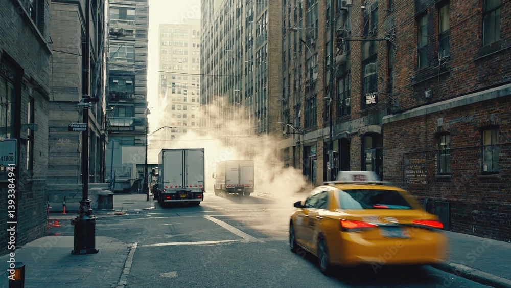 Obraz premium A bright yellow taxi cab drives down a city street surrounded by tall buildings, providing transportation services