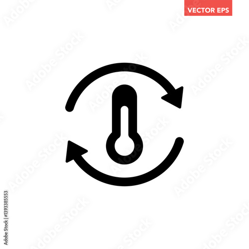 Black single temperature regulation icon, simple round thermometer process setting flat design sign pictogram vector for app ads web button ui interface elements isolated on white background