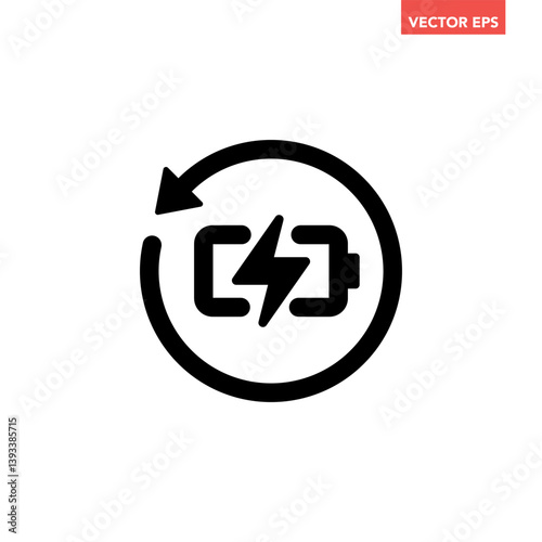 Single black battery recharge line icon, simple charging power cycle flat design pictogram vector for app ads web banner button ui interface elements isolated on white background