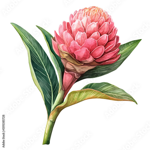 A watercolor vector illustration of a Torch Ginger flower, isolated on a white background.

