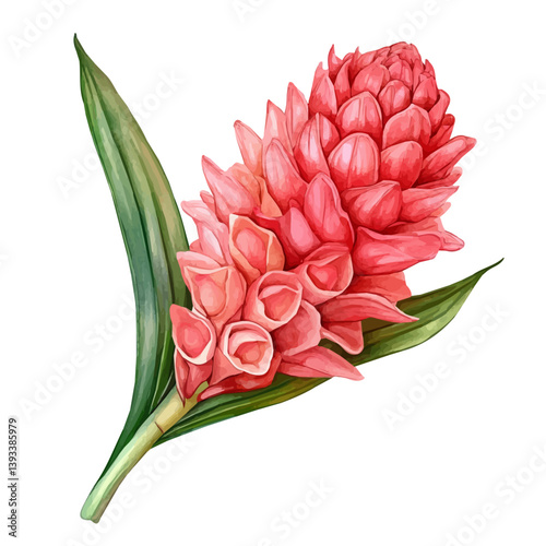A watercolor vector illustration of a Torch Ginger flower, isolated on a white background.

