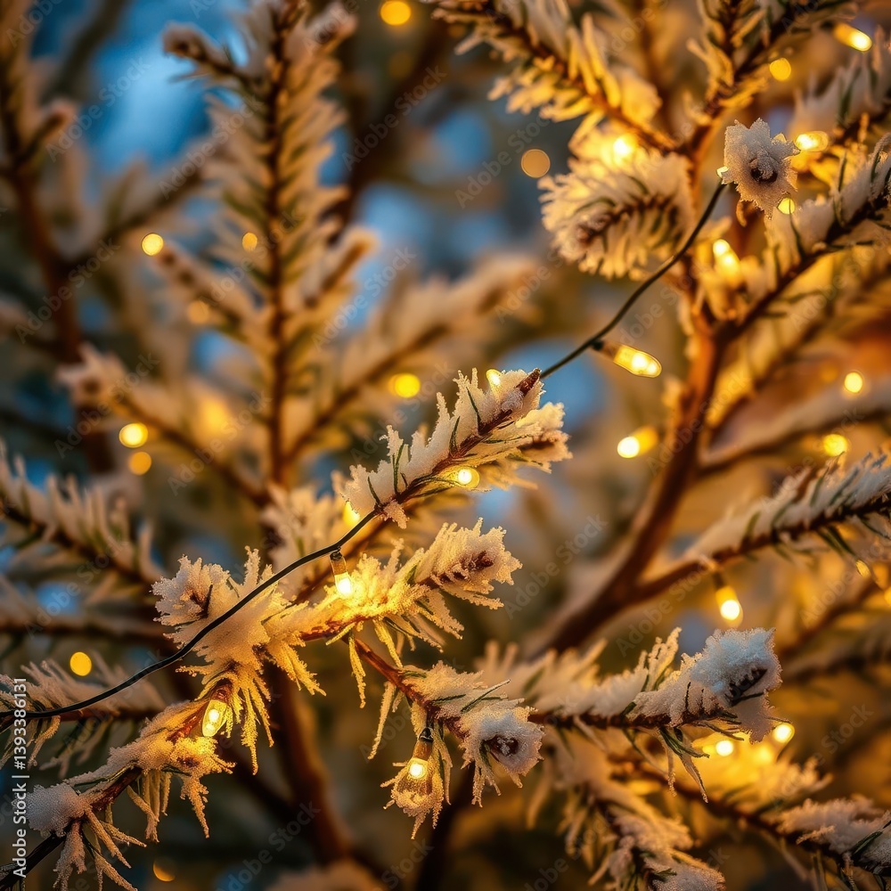 Delicate fairy lights garland twinkles on frosted Christmas tree branches in winter, Christmas lights, magical, bokeh Delicate fairy lights garland twinkles on frosted Christmas tree branches in winter, Christmas lights, magical, bokeh