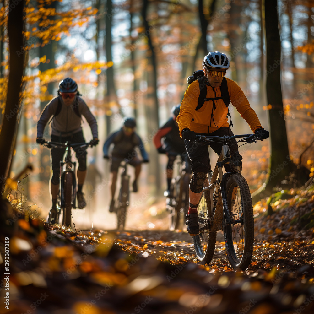 Fototapeta premium Rowerowa wycieczka w lesie - Rowerzyści na górskich rowerach