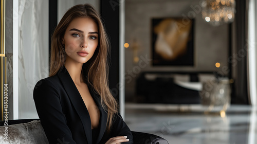 Obraz na płótnie Młoda dziewczyna siedzi w fotelu w eleganckim salonie w salonie