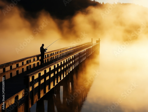 Silhouette of fisherman on wooden pier surrounded by golden mist