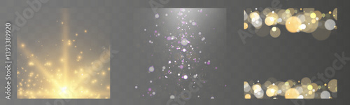 Glowing light effects with sparkling glitter, bokeh, golden and silver shine, magic dust, luxury decoration elements, festive luminous overlays, abstract shimmering backgrounds.	
