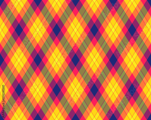 Vibrant argyle diamond pattern in bold, joyful colors. Perfect for textile design, fashion, website backgrounds, or any project needing a cheerful, energetic vibe.